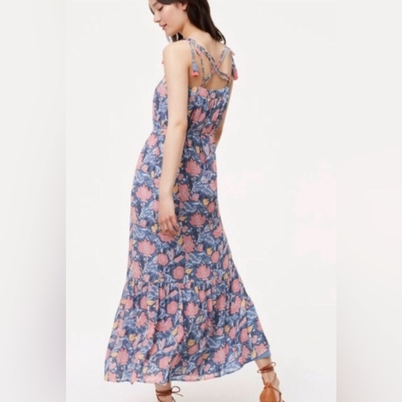 Women's LOFT Floral Tassel Tie Sleeve Ruffle Hem Boho Maxi dress size small - Picture 5 of 5